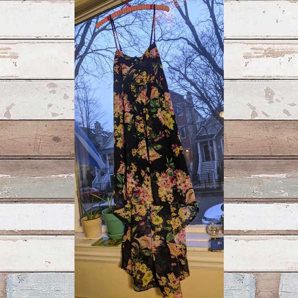Semi-sheer dark floral high-low dress